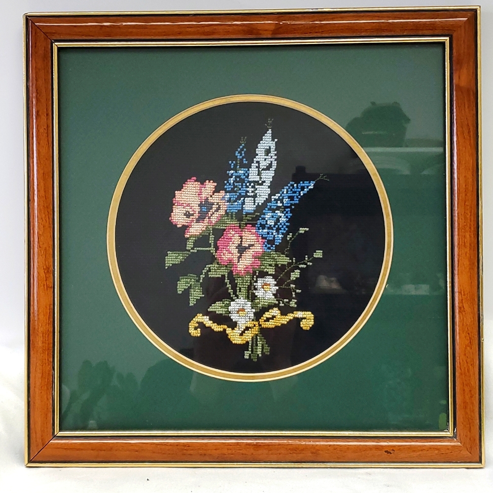 Vintage13.5 x 13.5  framed cross-stitched colourful English flowers tied in bow